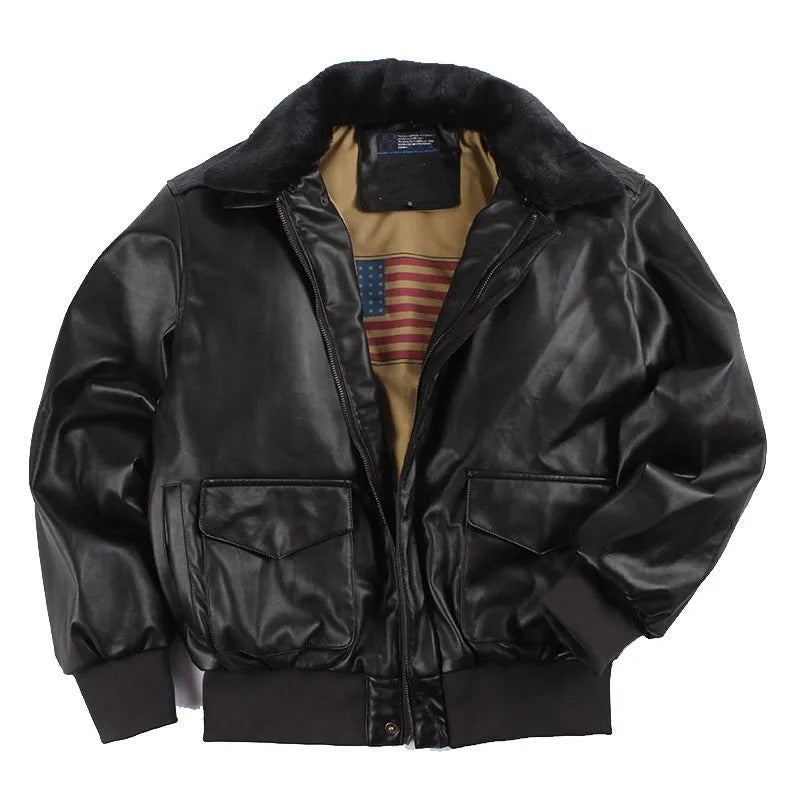 Men’s Leather Bomber Jacket – Plush-Collar Winter Layer for Casual and Vintage-Inspired Wear