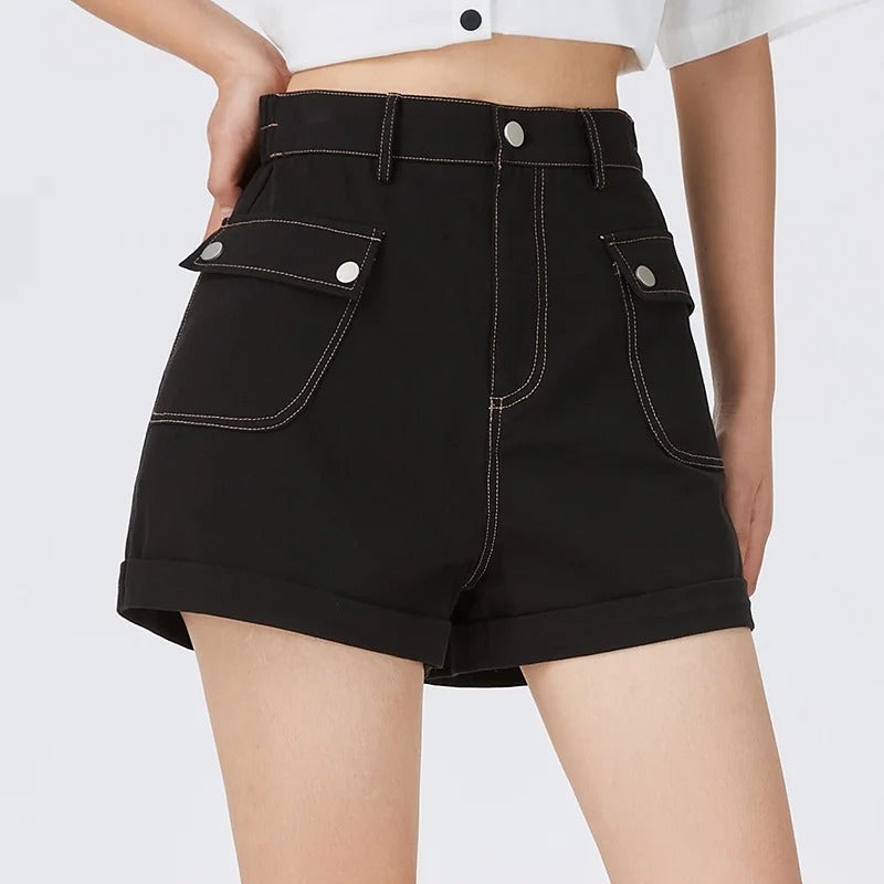 Damen-Shorts aus Baumwolle mit hoher Taille und A-Linien-Schnitt – Sommerstil mit Knopfdetails für lässige Tage, schicke Ausflüge und den Alltag