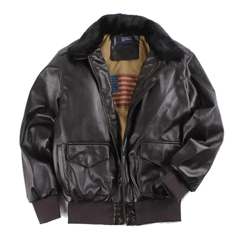 Men’s Leather Bomber Jacket – Plush-Collar Winter Layer for Casual and Vintage-Inspired Wear