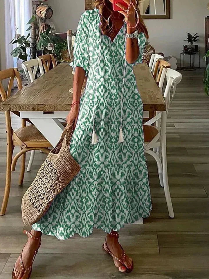 Women’s Printed Tassel Neck Maxi Dress Relaxed Holiday Fit