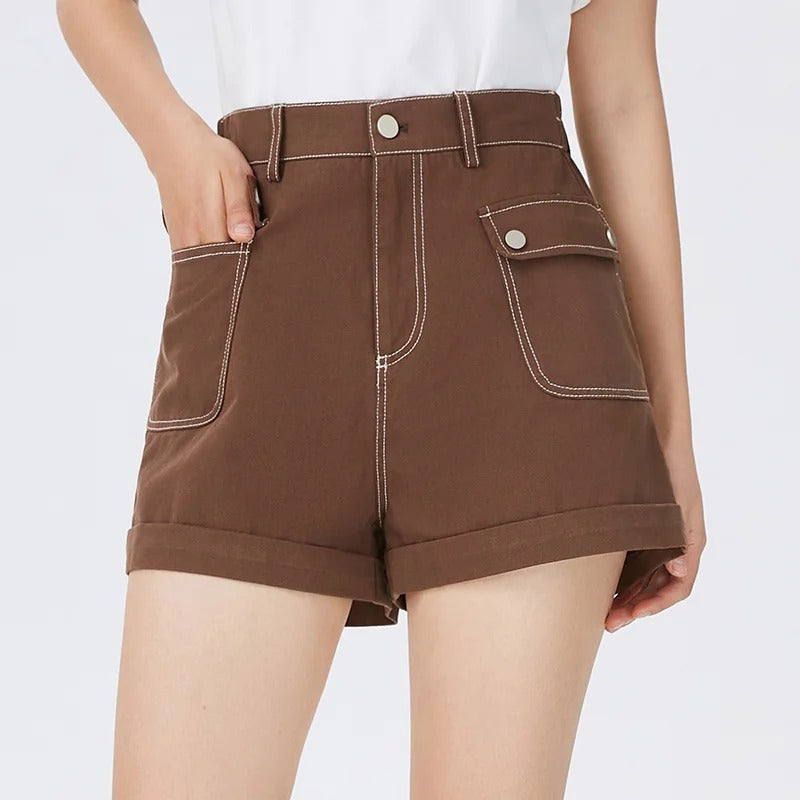 Damen-Shorts aus Baumwolle mit hoher Taille und A-Linien-Schnitt – Sommerstil mit Knopfdetails für lässige Tage, schicke Ausflüge und den Alltag