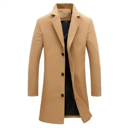 Long manteau d’hiver à boutonnage simple pour homme – Superposition ajustée à revers crantés pour une tenue élégante en automne et en hiver