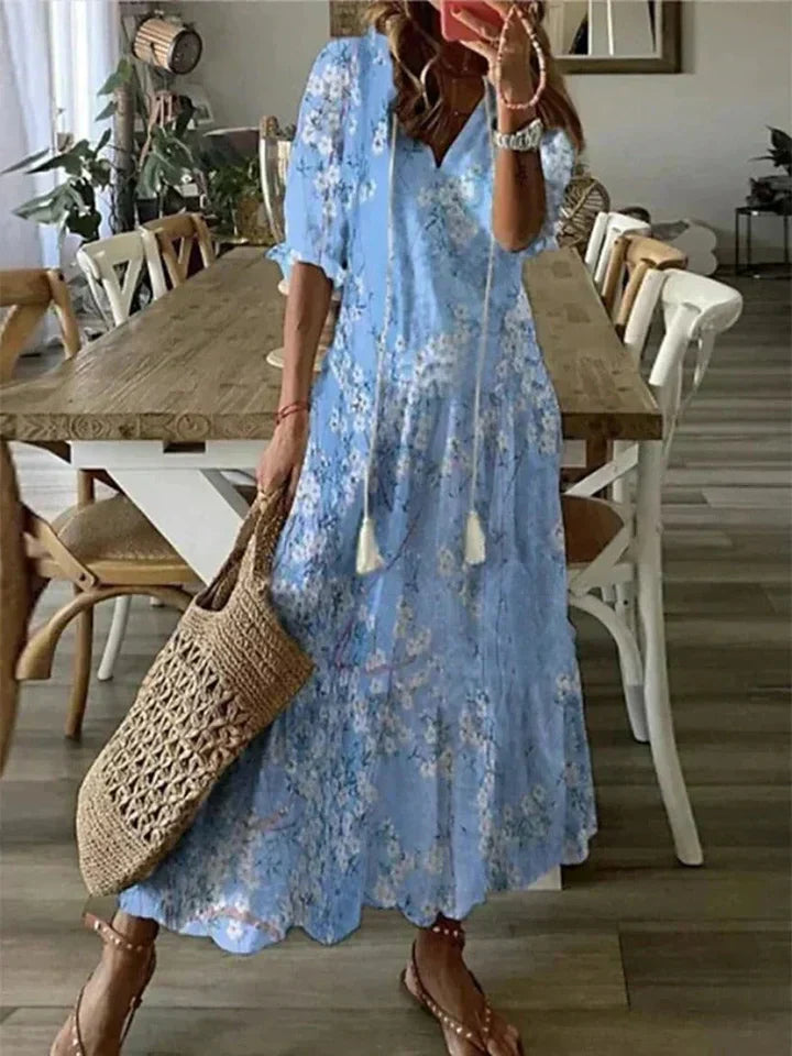 Women’s Printed Tassel Neck Maxi Dress Relaxed Holiday Fit