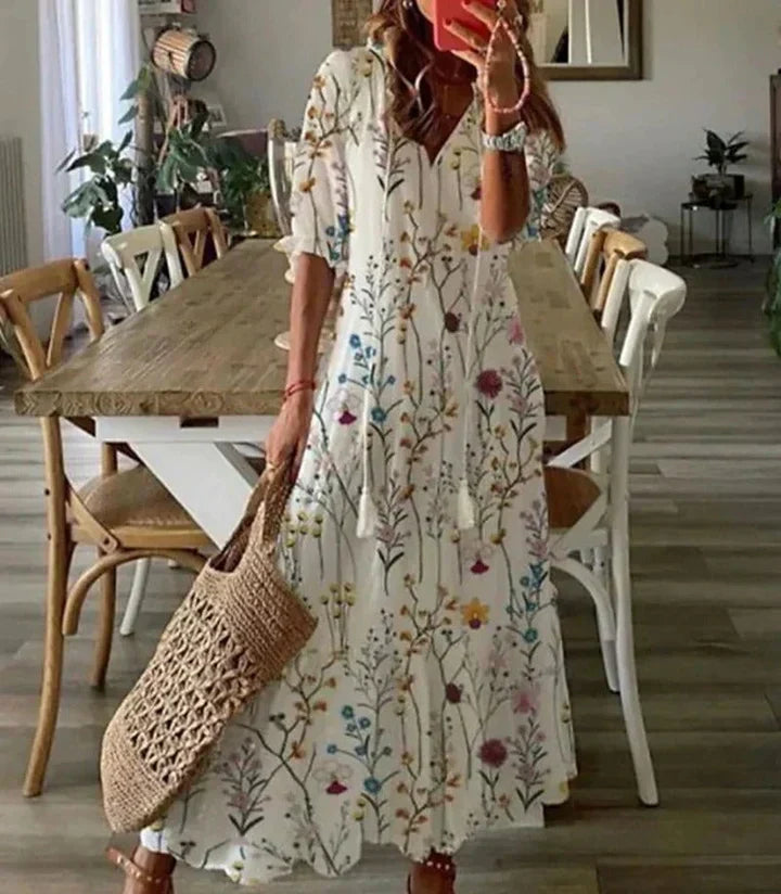Women’s Printed Tassel Neck Maxi Dress Relaxed Holiday Fit
