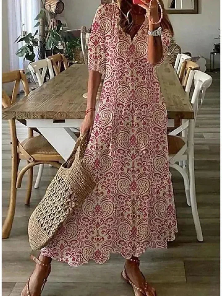 Women’s Printed Tassel Neck Maxi Dress Relaxed Holiday Fit