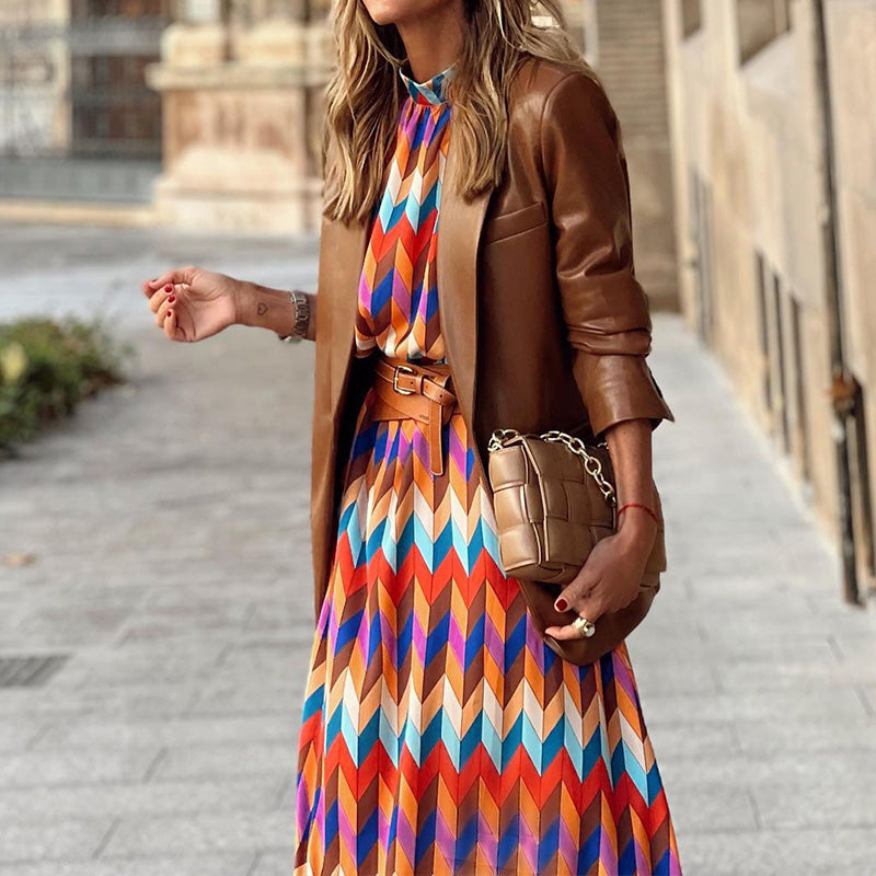 Women’s Printed Long-Sleeve Midi Dress – Belted Flowing Style for Casual Daywear Dinners and Smart Social Occasions
