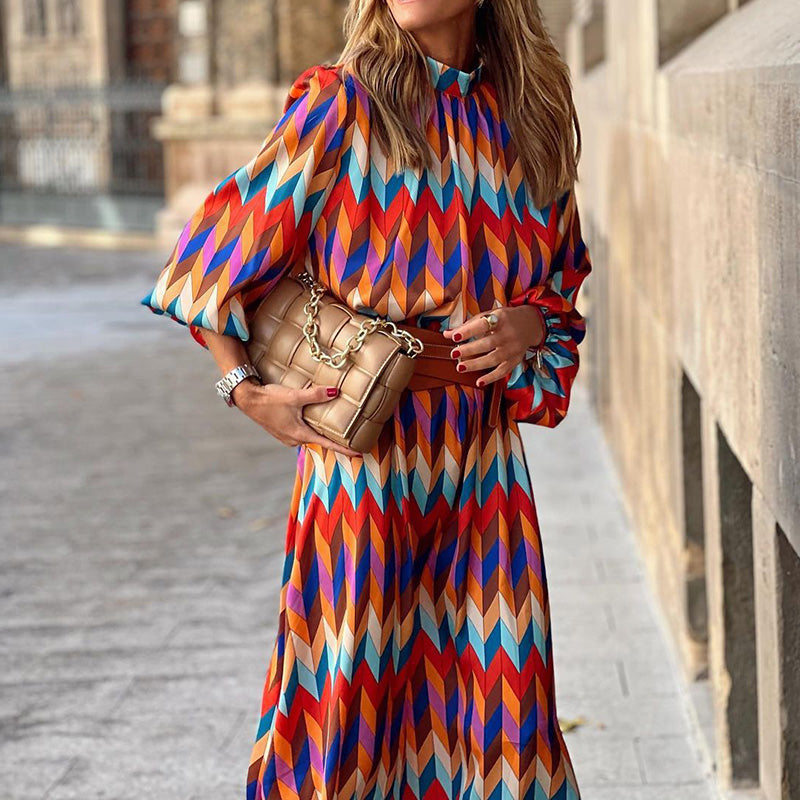 Women’s Printed Long-Sleeve Midi Dress – Belted Flowing Style for Casual Daywear Dinners and Smart Social Occasions
