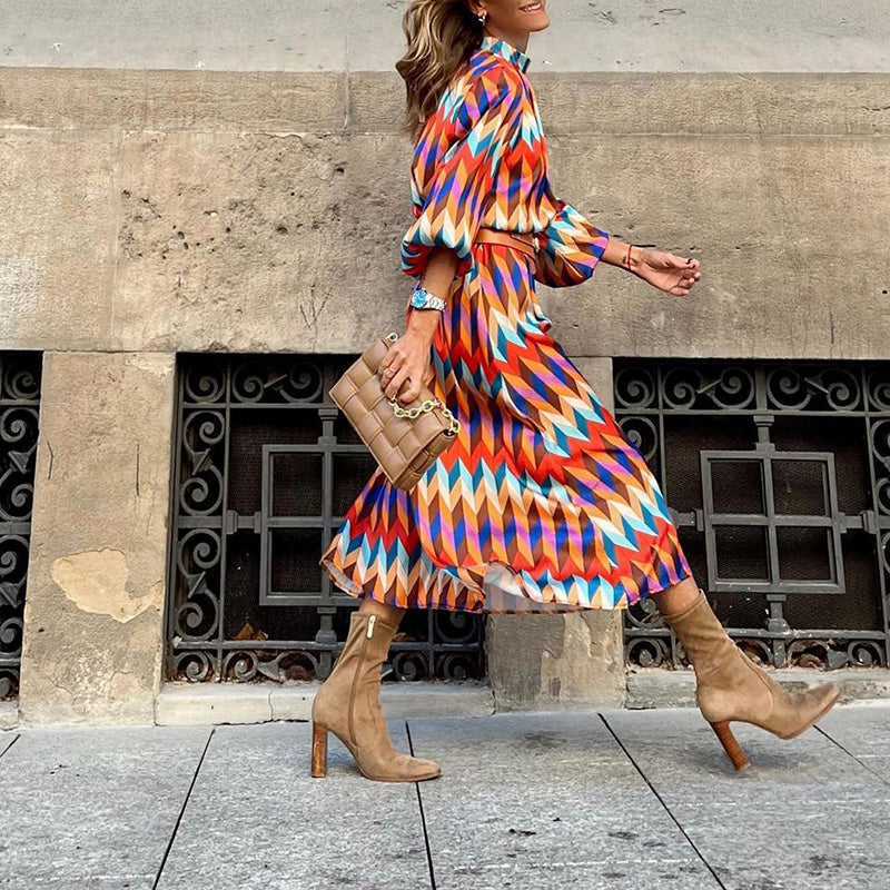 Women’s Printed Long-Sleeve Midi Dress – Belted Flowing Style for Casual Daywear Dinners and Smart Social Occasions