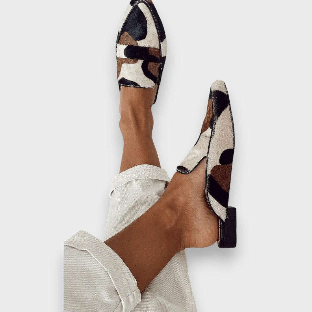 Mocasini tip mule imprimați pentru femei – pantofi plați comozi, fără șireturi, pentru ținute smart casual
