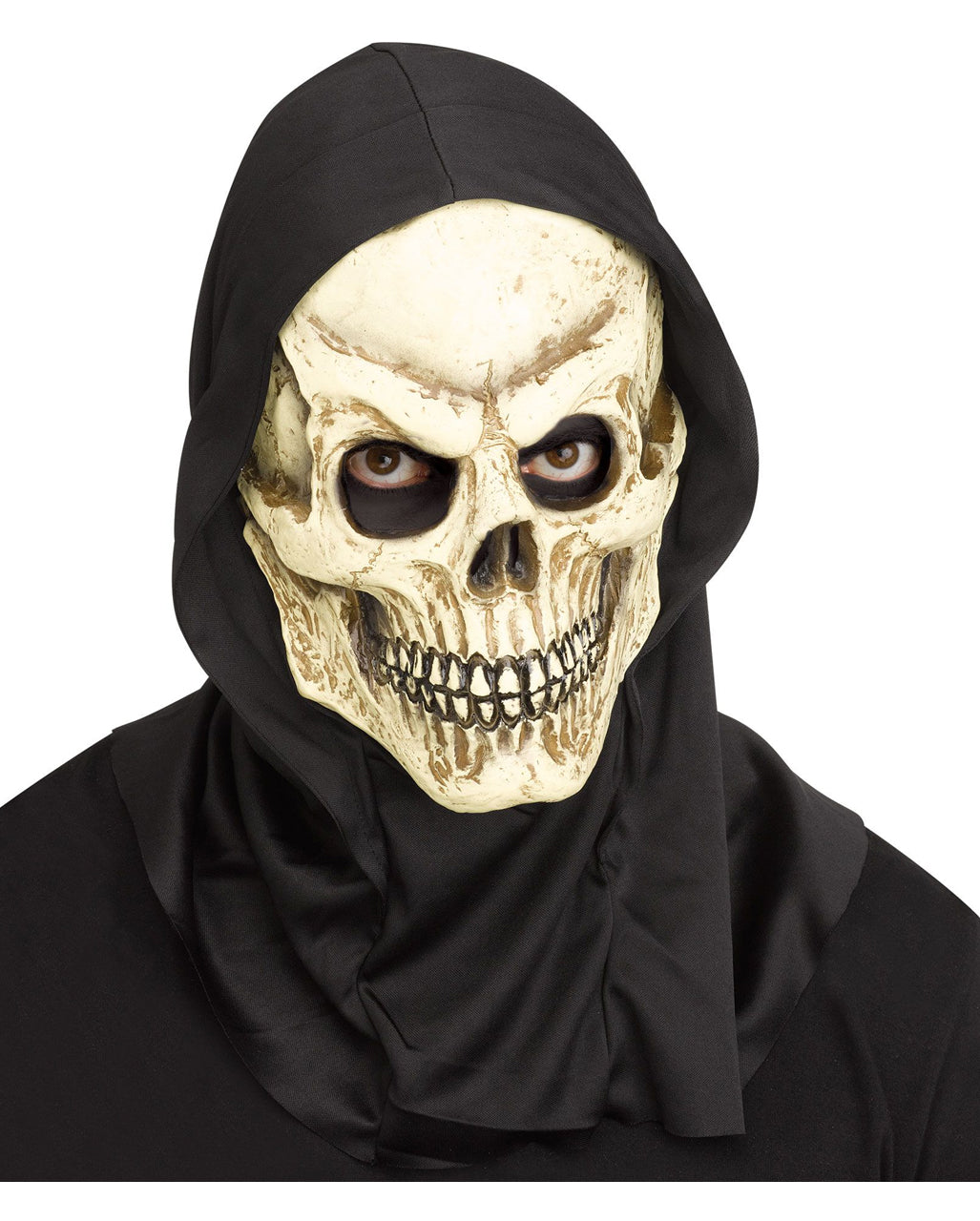 Strašidelná halloweenská maska s kapucí ve tvaru rozkládající se lebky pro dospělé