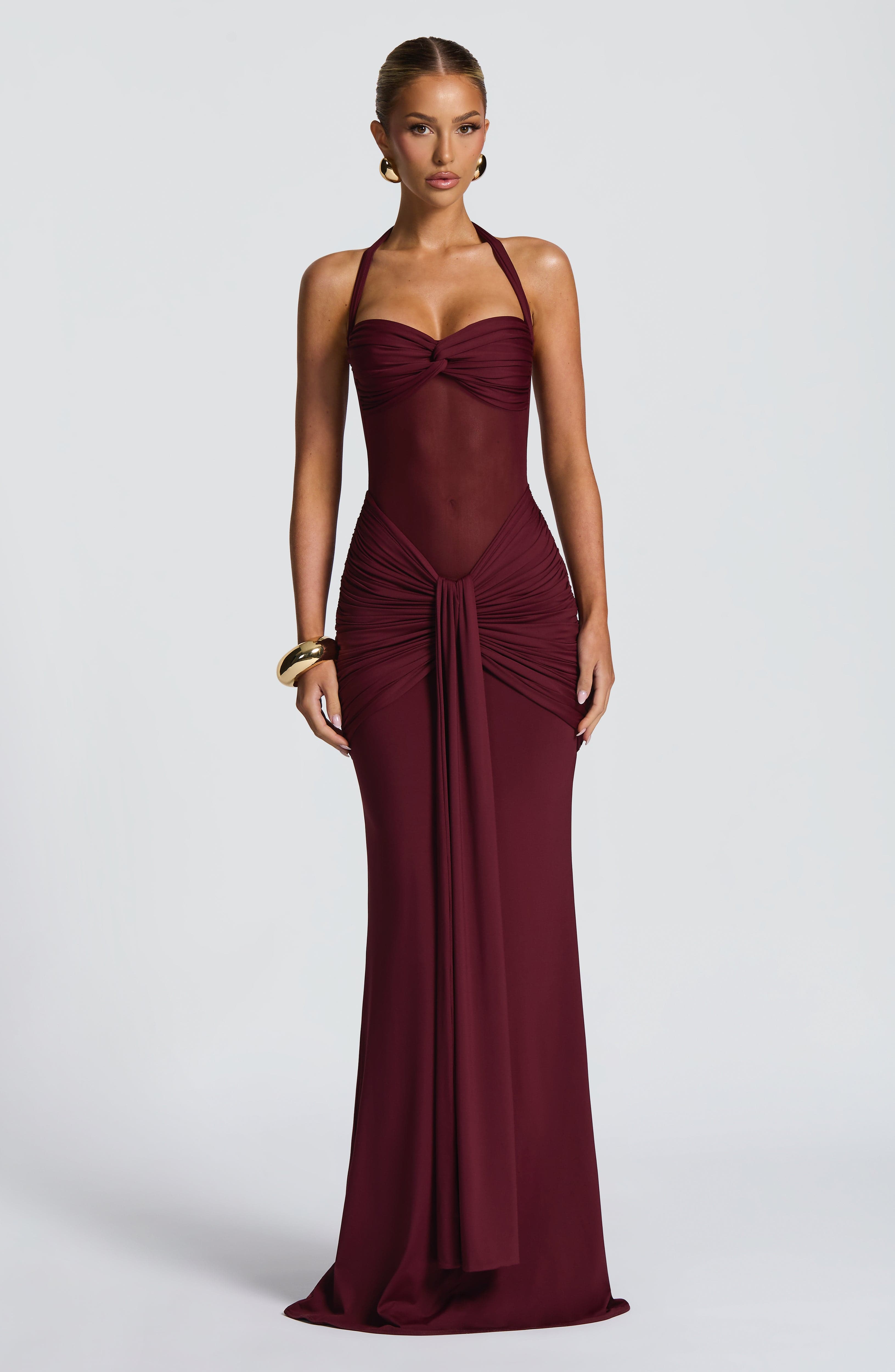 Women’s Halter Neck Maxi Dress Ruched Waist Mesh Detail