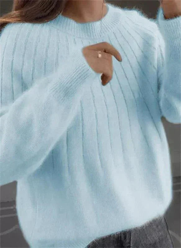 Blød kashmirstrikket damesweater med ribstruktur, klassisk rund hals og afslappet oversize-pasform – elegant, fluffy langærmet pullover til behagelig elegant hverdagsbrug i efteråret og vinteren