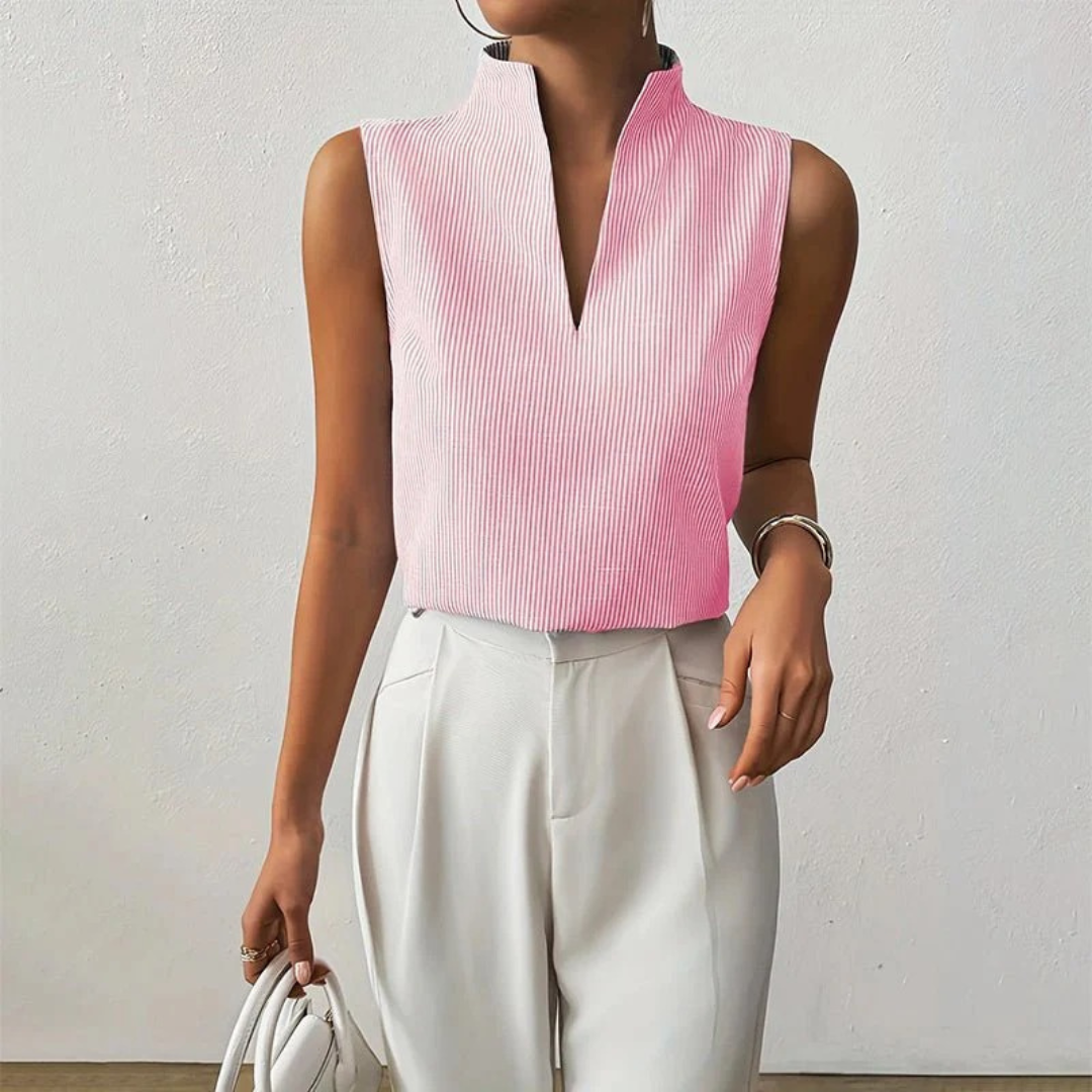 Blusa de senhora com gola subida – Top de verão às riscas, sem mangas, para o escritório e o dia a dia