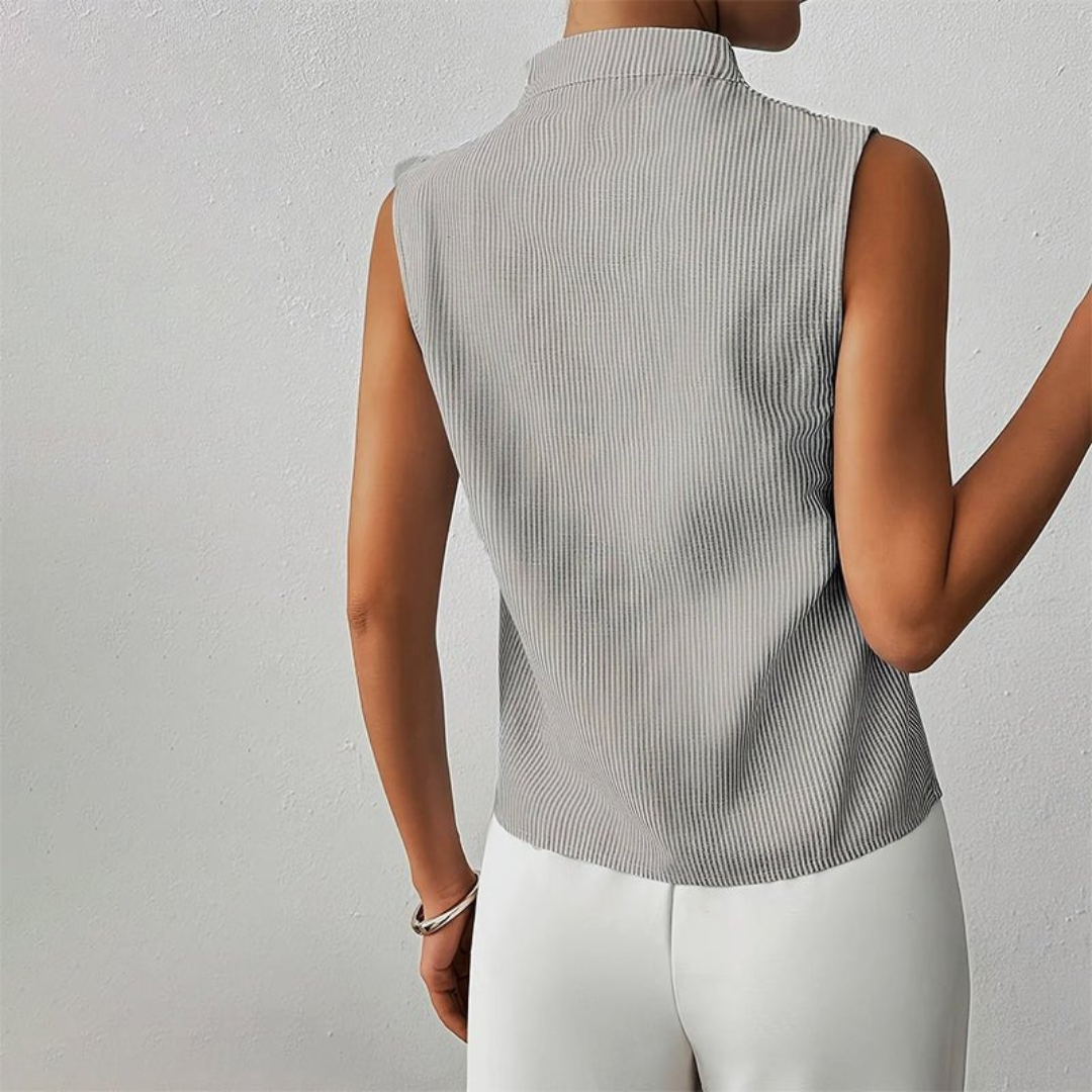Blusa de senhora com gola subida – Top de verão às riscas, sem mangas, para o escritório e o dia a dia