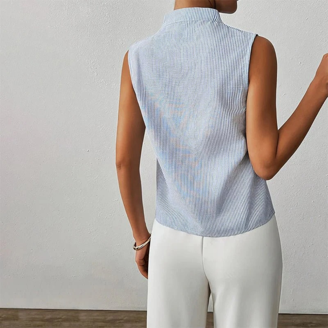 Blusa de senhora com gola subida – Top de verão às riscas, sem mangas, para o escritório e o dia a dia