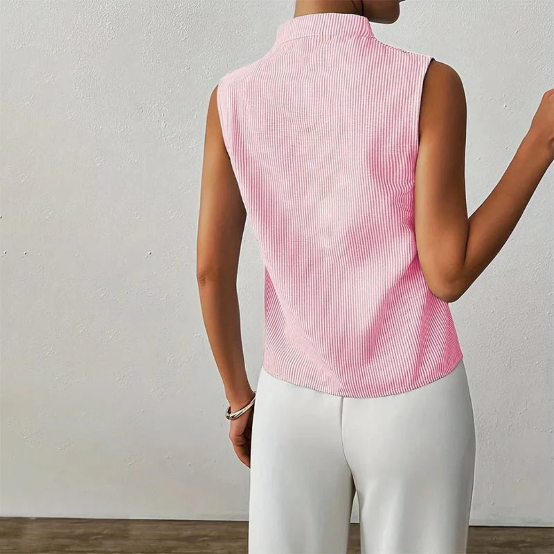 Blusa de senhora com gola subida – Top de verão às riscas, sem mangas, para o escritório e o dia a dia