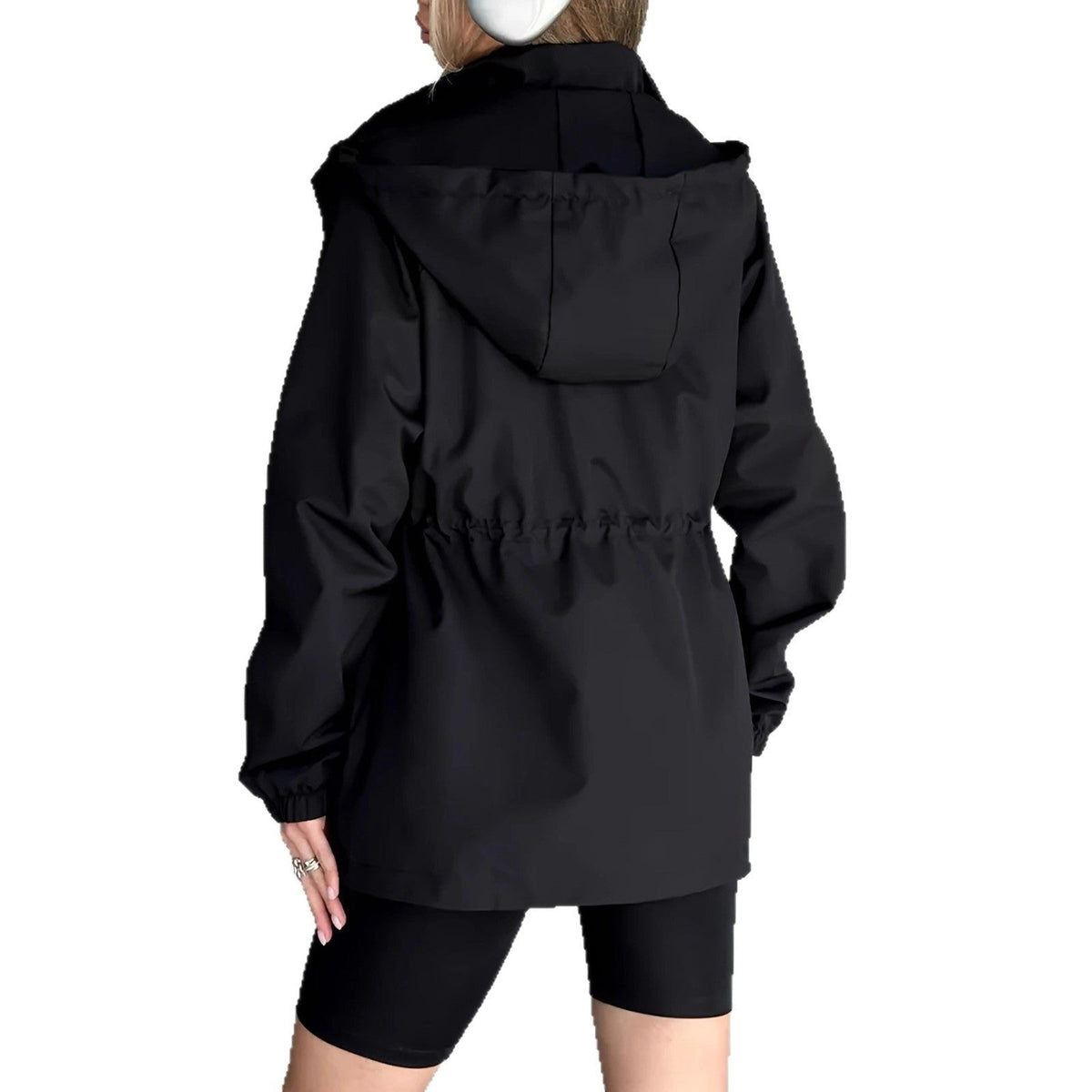 Damen-wasserdichte Regenjacke mit Kapuze – Parka mit verstellbarer Taille, Druckknopfverschluss und Seitentaschen