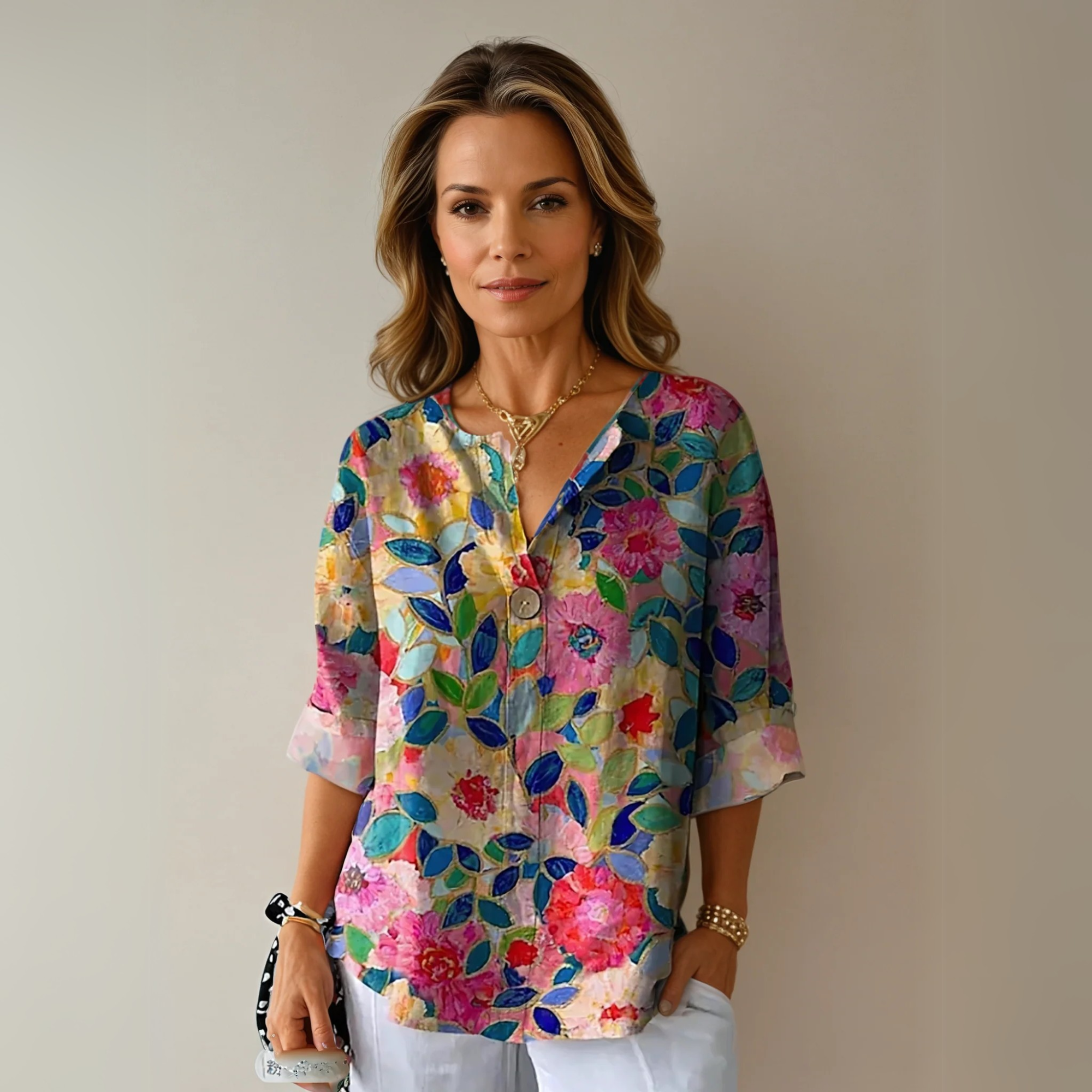 Women’s Printed V-Neck Blouse – Lightweight Summer Top for Daily and Holiday Wear