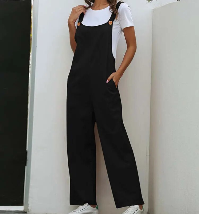 Women's Relaxed Wide Leg Dungaree Jumpsuit with Scoop Back – Sleeveless Casual Overalls for Everyday Layering