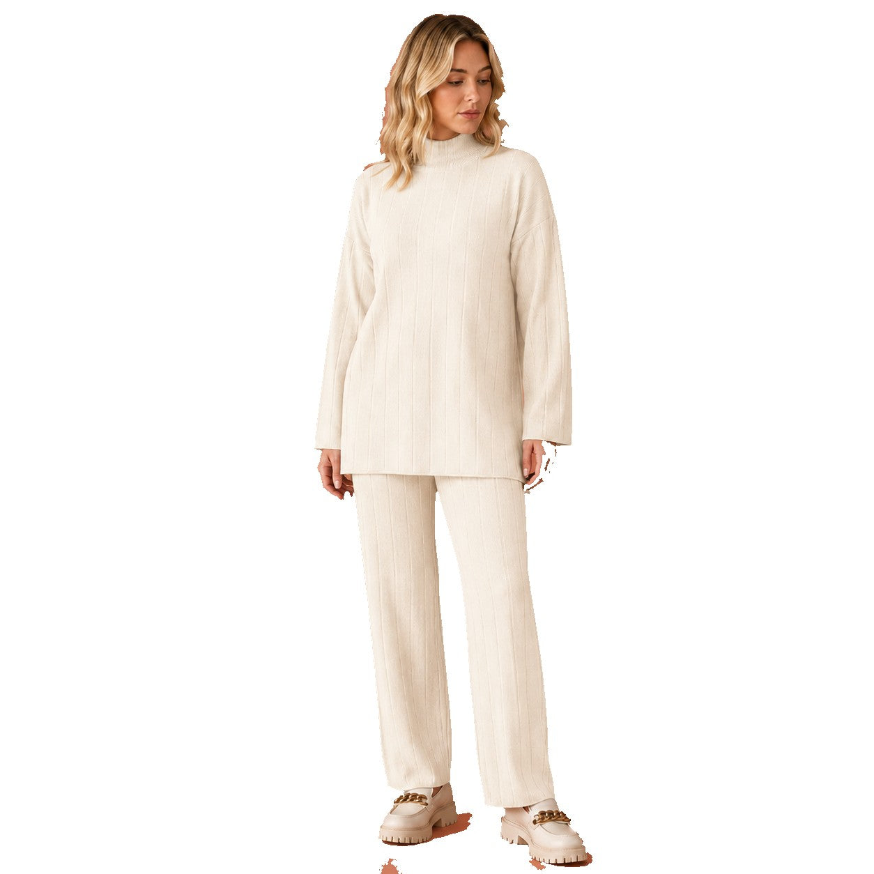 Women’s Ribbed Lounge Set Mock Neck Wide Leg Trousers