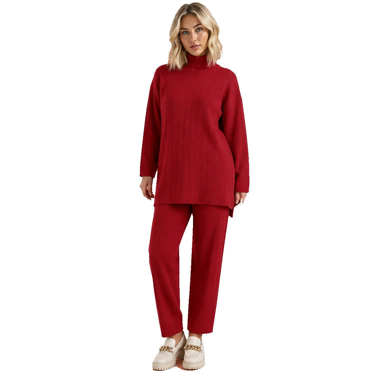 Women’s Ribbed Lounge Set Mock Neck Wide Leg Trousers