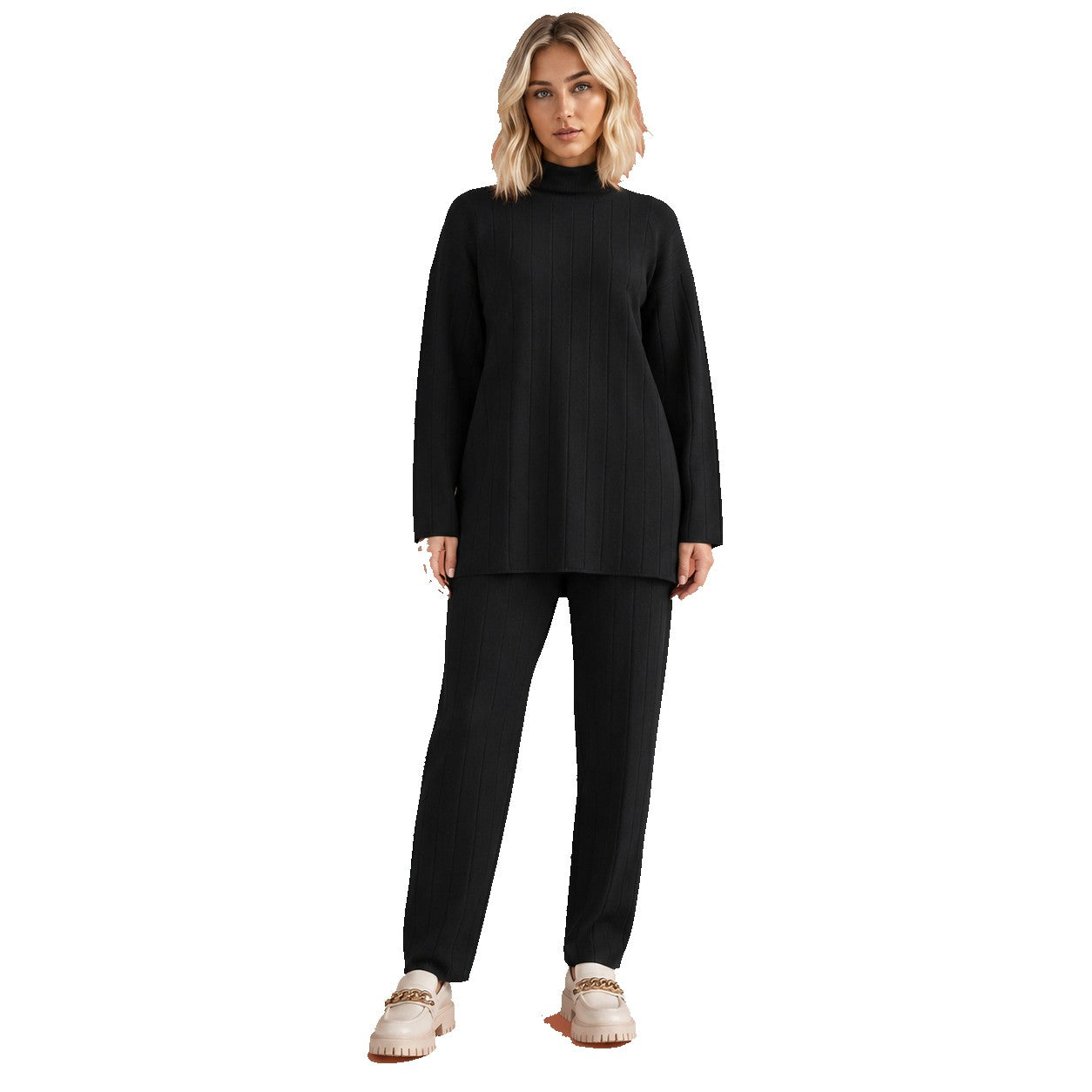 Women’s Ribbed Lounge Set Mock Neck Wide Leg Trousers