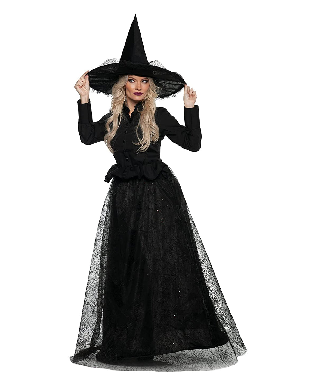 Dámský černý čarodějnický kostým s krajkou s pavučinovým vzorem a kloboukem na Halloween
