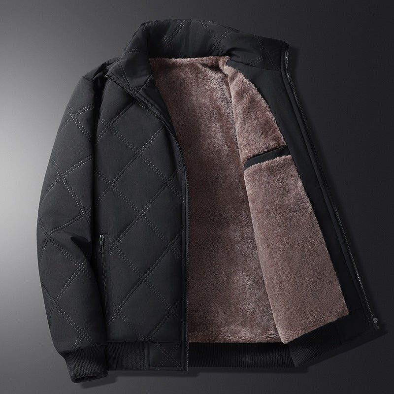 Men’s Diamond-Quilted Winter Jacket – Fleece-Lined Zip-Up Coat with Stand Collar and Secure Pockets for Everyday Wear