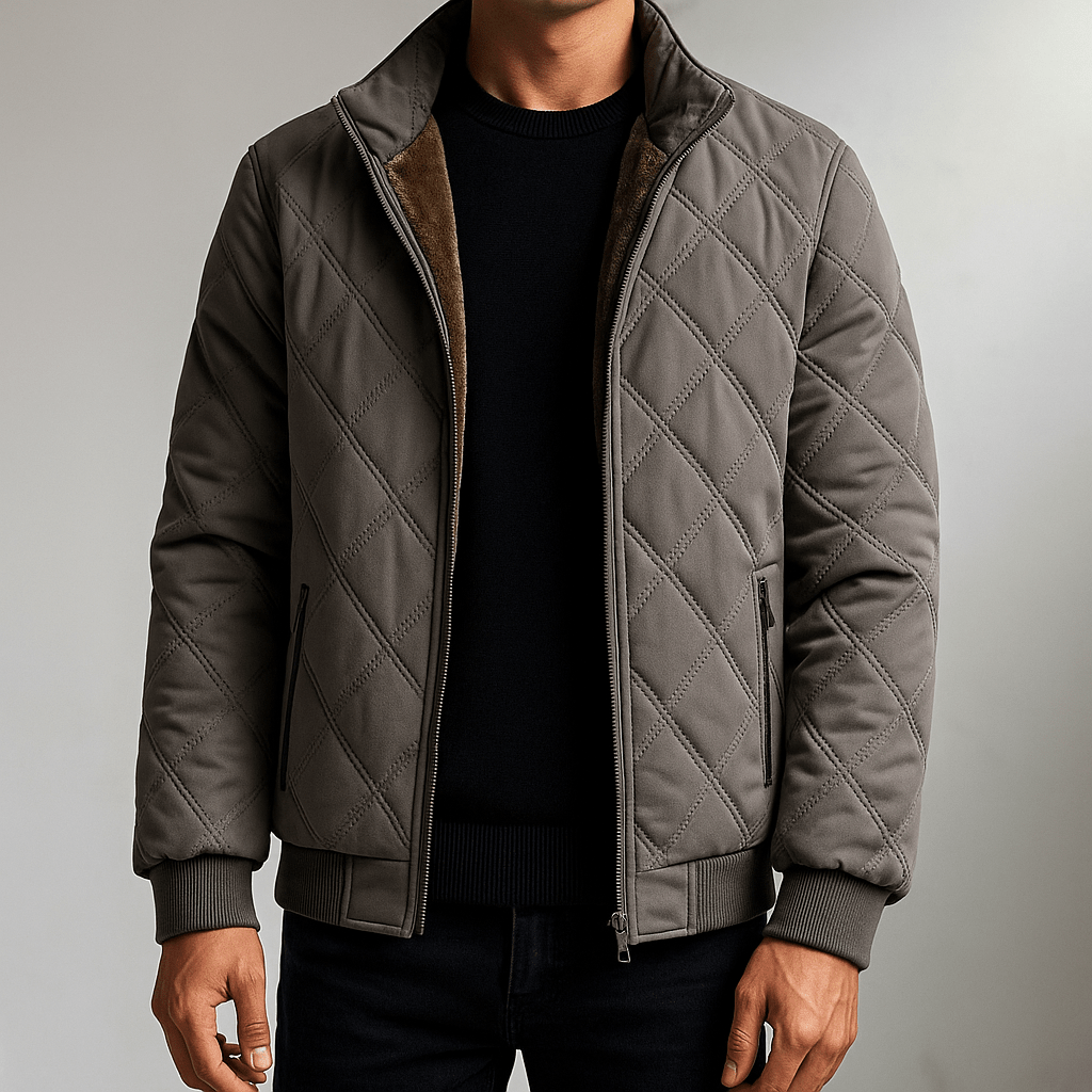 Men’s Diamond-Quilted Winter Jacket – Fleece-Lined Zip-Up Coat with Stand Collar and Secure Pockets for Everyday Wear