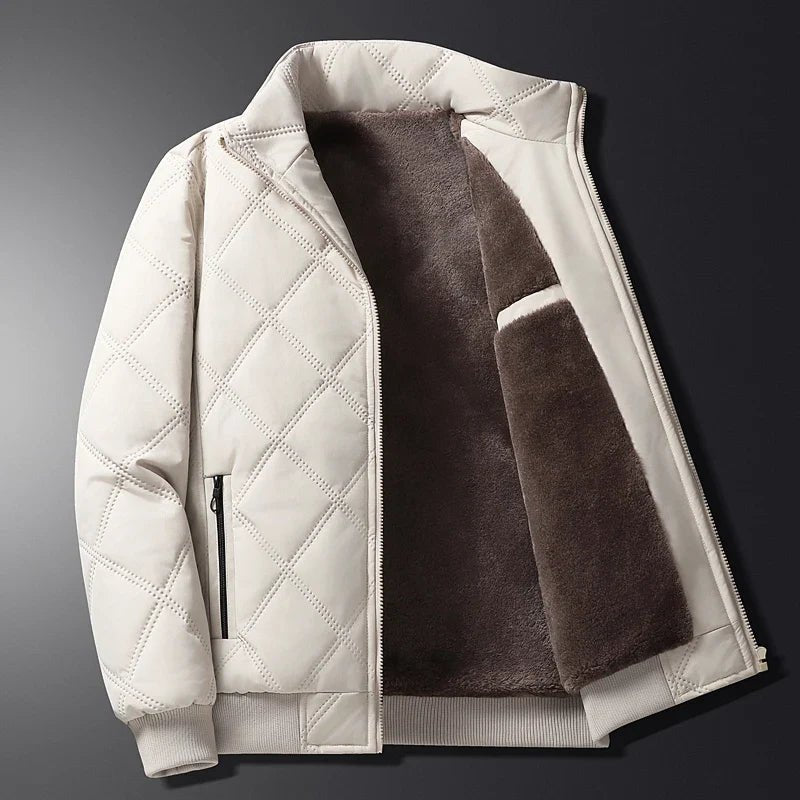 Men’s Diamond-Quilted Winter Jacket – Fleece-Lined Zip-Up Coat with Stand Collar and Secure Pockets for Everyday Wear