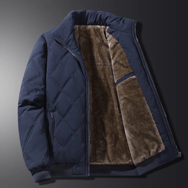 Men’s Diamond-Quilted Winter Jacket – Fleece-Lined Zip-Up Coat with Stand Collar and Secure Pockets for Everyday Wear
