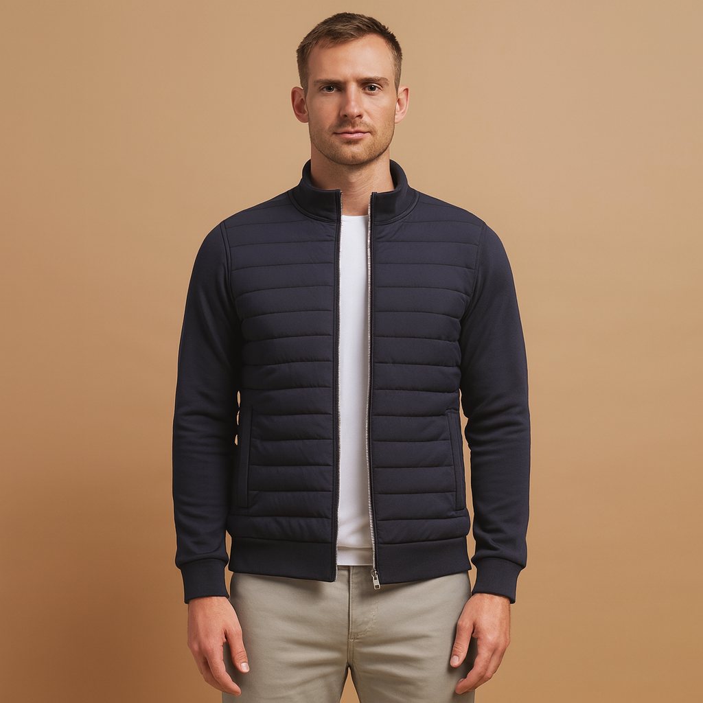Men’s Padded Hybrid Winter Jacket – High-Collar Zip-Up Layer with Quilted Front and Soft Sleeves for Everyday Travel and Cold-Weather Wear