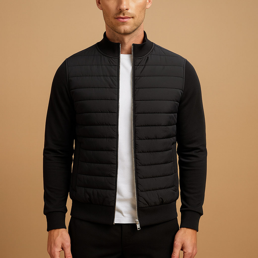 Men’s Padded Hybrid Winter Jacket – High-Collar Zip-Up Layer with Quilted Front and Soft Sleeves for Everyday Travel and Cold-Weather Wear
