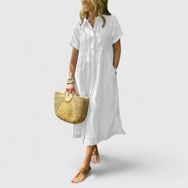 Abito midi da donna dalla vestibilità comoda – modello stampato con bottoni sul davanti e tasche, per l’estate