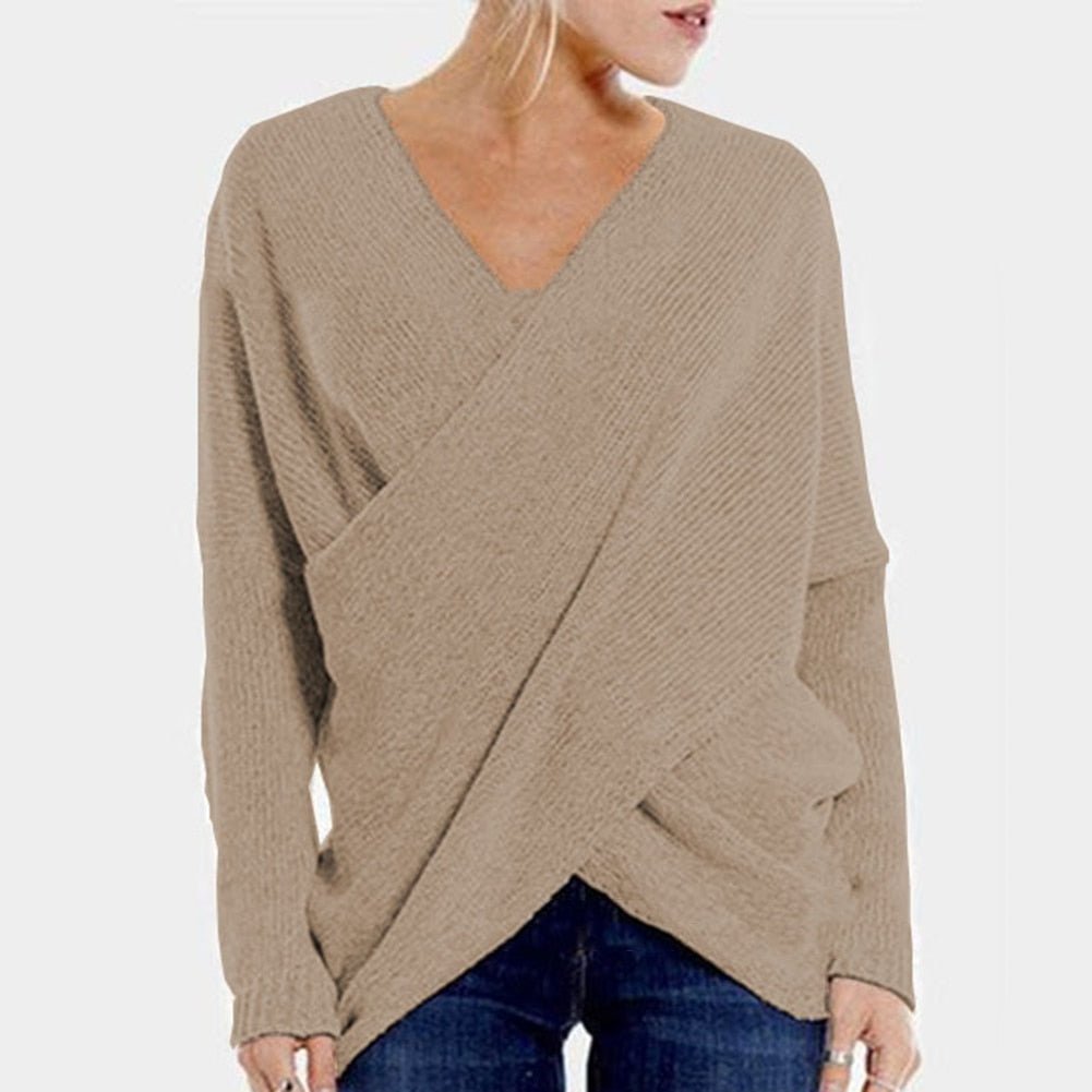 Damski sweter z kopertowym przodem i dekoltem w serek – swobodny dzianinowy sweter z długimi rękawami do eleganckich casualowych stylizacji