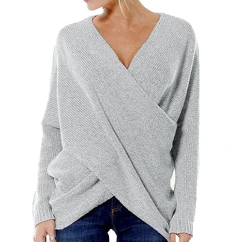 Damski sweter z kopertowym przodem i dekoltem w serek – swobodny dzianinowy sweter z długimi rękawami do eleganckich casualowych stylizacji