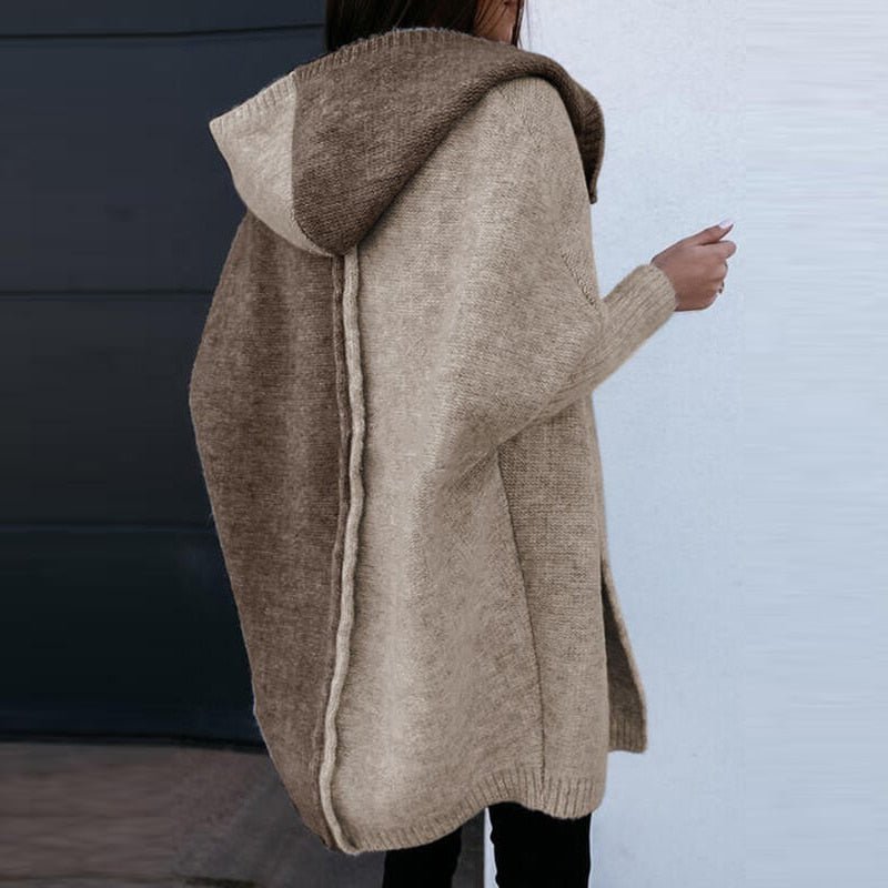 Dámský pletený cardigan s kapucí a patchworkem – stylový, ležérní, pohodlný, teplý svetr na každodenní vrstvení