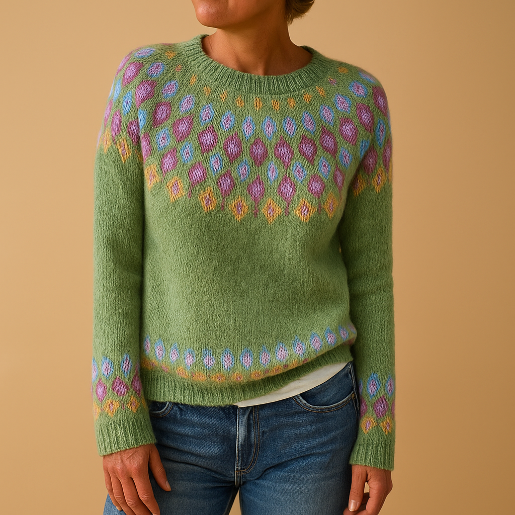 Women’s Printed Wool-Blend Knitted Sweater – Soft Crew-Neck Long-Sleeve Winter Layer for Autumn City Wear Travel Weekend Outings Casual Days and Cosy Everyday Styling