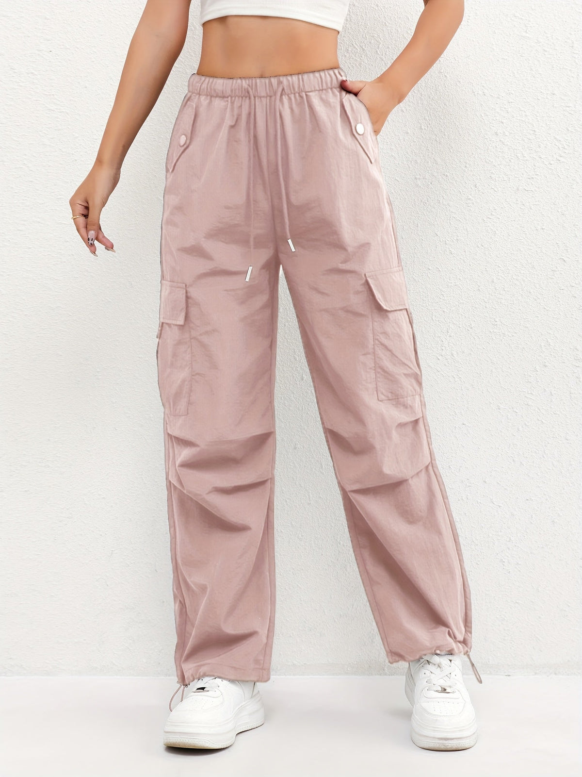 Pantaloni cargo leggeri da donna a vita alta - modello comodo a gamba dritta con coulisse e tasche funzionali per viaggi estivi e look casual quotidiani