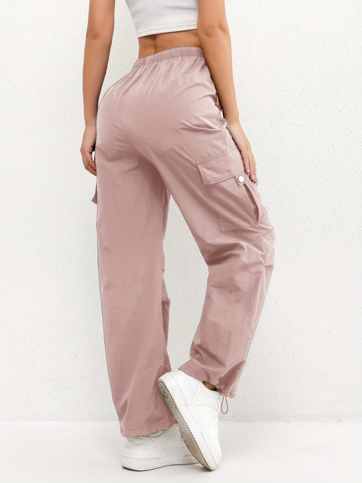 Pantaloni cargo leggeri da donna a vita alta - modello comodo a gamba dritta con coulisse e tasche funzionali per viaggi estivi e look casual quotidiani