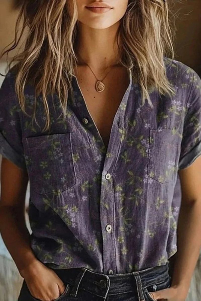 Bluse med blomstermønster og korte ærmer til kvinder – afslappet skjorte med knapper foran til sommer, casual og smart-casual brug samt hverdagsbrug
