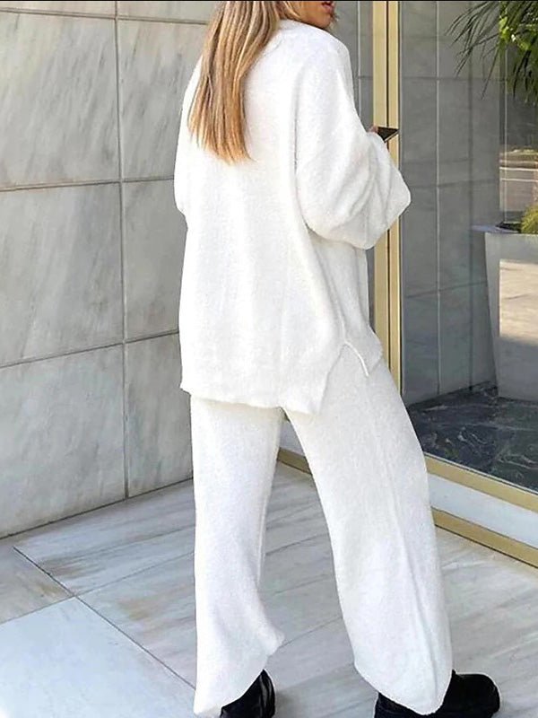 Women’s Soft V-Neck Lounge Set – Slouchy Long-Sleeve Top with Flowing Wide-Leg Trousers for Autumn and Winter