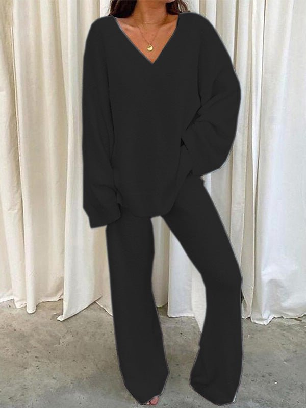 Women’s Soft V-Neck Lounge Set – Slouchy Long-Sleeve Top with Flowing Wide-Leg Trousers for Autumn and Winter