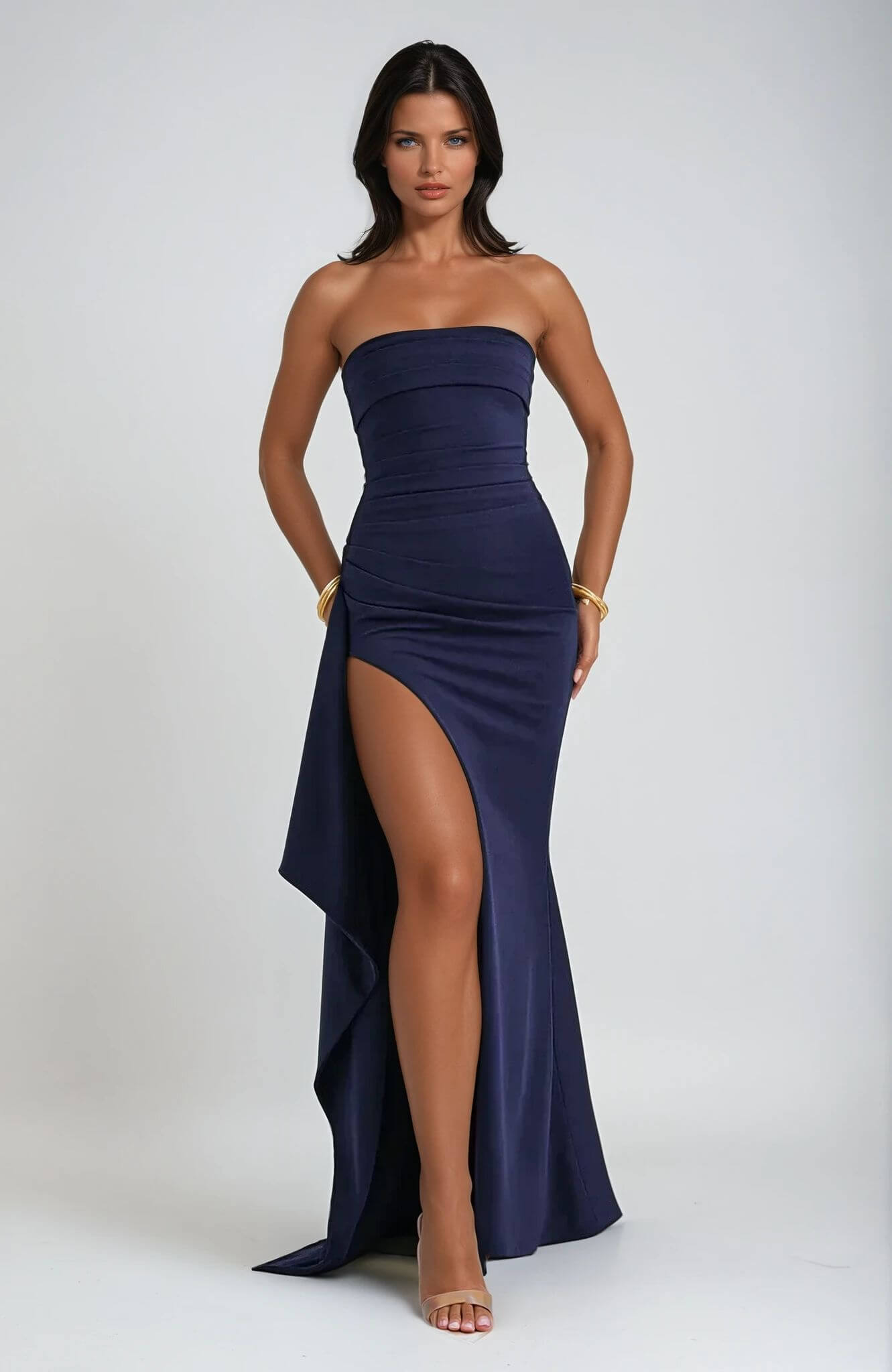 Vestido maxi de senhora, sem alças e franzido – Estilo elegante para noites de gala e convidadas de casamento