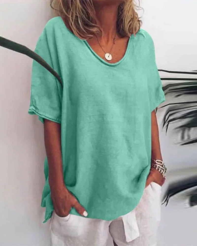 Women’s Relaxed Short Sleeve Blouse – Ruffle Neck Casual Top for Everyday Wear