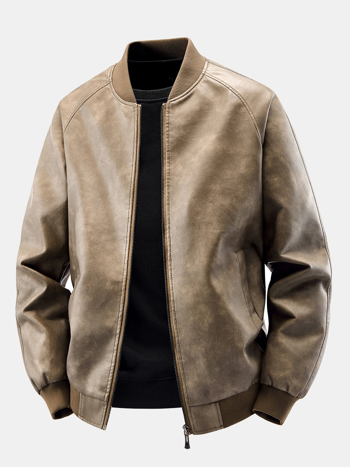 Chaqueta bomber de cuero sintético con efecto desgastado vintage y forro polar para hombre – Prenda de abrigo con cremallera y corte holgado para otoño e invierno