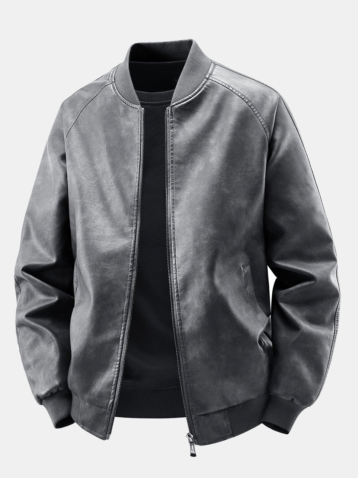 Chaqueta bomber de cuero sintético con efecto desgastado vintage y forro polar para hombre – Prenda de abrigo con cremallera y corte holgado para otoño e invierno